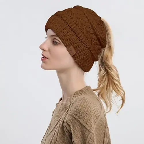 Rosoz 1&2 Packs Ponytail Beanie for Women,Winter Warm Beanie Tail Soft Stretch Cable Knit Messy High Bun Hat - 3