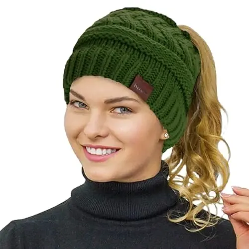 Rosoz 1&2 Packs Ponytail Beanie for Women,Winter Warm Beanie Tail Soft Stretch Cable Knit Messy High Bun Hat - 1