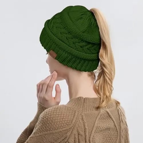 Rosoz 1&2 Packs Ponytail Beanie for Women,Winter Warm Beanie Tail Soft Stretch Cable Knit Messy High Bun Hat - 4