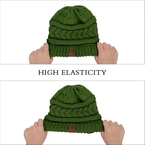 Rosoz 1&2 Packs Ponytail Beanie for Women,Winter Warm Beanie Tail Soft Stretch Cable Knit Messy High Bun Hat - 5