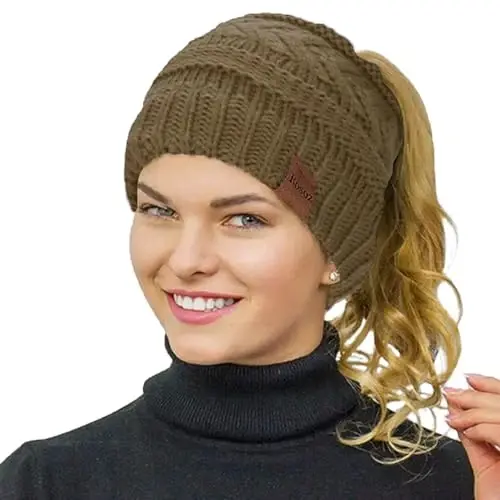 Rosoz 1&2 Packs Ponytail Beanie for Women,Winter Warm Beanie Tail Soft Stretch Cable Knit Messy High Bun Hat 