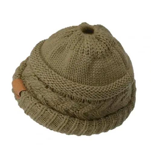 Rosoz 1&2 Packs Ponytail Beanie for Women,Winter Warm Beanie Tail Soft Stretch Cable Knit Messy High Bun Hat - 5