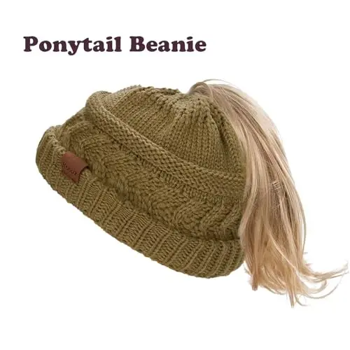 Rosoz 1&2 Packs Ponytail Beanie for Women,Winter Warm Beanie Tail Soft Stretch Cable Knit Messy High Bun Hat - 6