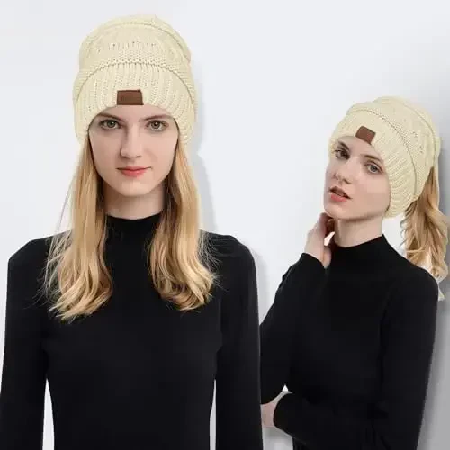 Rosoz 1&2 Packs Ponytail Beanie for Women,Winter Warm Beanie Tail Soft Stretch Cable Knit Messy High Bun Hat - 2