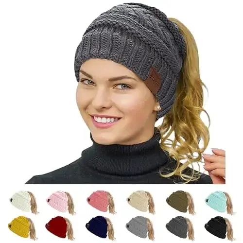 Rosoz 1&2 Packs Ponytail Beanie for Women,Winter Warm Beanie Tail Soft Stretch Cable Knit Messy High Bun Hat - 1