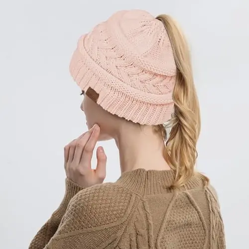Rosoz 1&2 Packs Ponytail Beanie for Women,Winter Warm Beanie Tail Soft Stretch Cable Knit Messy High Bun Hat - 4