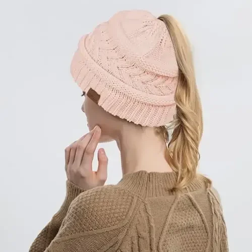 Rosoz 1&2 Packs Ponytail Beanie for Women,Winter Warm Beanie Tail Soft Stretch Cable Knit Messy High Bun Hat - 4