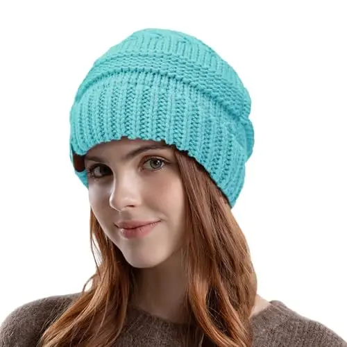 Rosoz 1&2 Packs Ponytail Beanie for Women,Winter Warm Beanie Tail Soft Stretch Cable Knit Messy High Bun Hat - 1