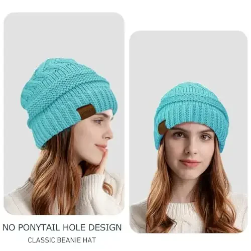 Rosoz 1&2 Packs Ponytail Beanie for Women,Winter Warm Beanie Tail Soft Stretch Cable Knit Messy High Bun Hat - 2