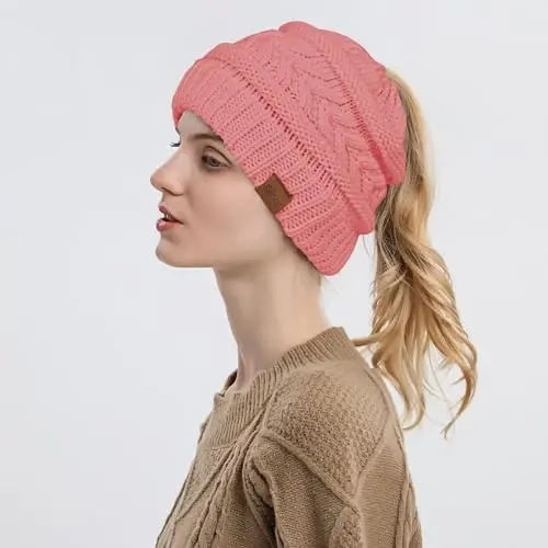 Rosoz 1&2 Packs Ponytail Beanie for Women,Winter Warm Beanie Tail Soft Stretch Cable Knit Messy High Bun Hat - 3