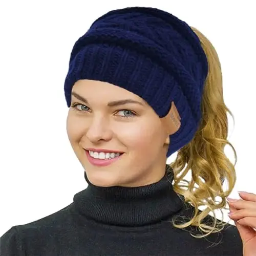 Rosoz 1&2 Packs Ponytail Beanie for Women,Winter Warm Beanie Tail Soft Stretch Cable Knit Messy High Bun Hat - 1