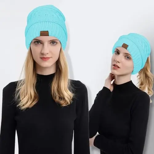 Rosoz 1&2 Packs Ponytail Beanie for Women,Winter Warm Beanie Tail Soft Stretch Cable Knit Messy High Bun Hat - 2