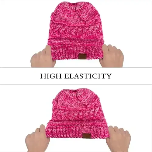 Rosoz 1&2 Packs Ponytail Beanie for Women,Winter Warm Beanie Tail Soft Stretch Cable Knit Messy High Bun Hat - 5