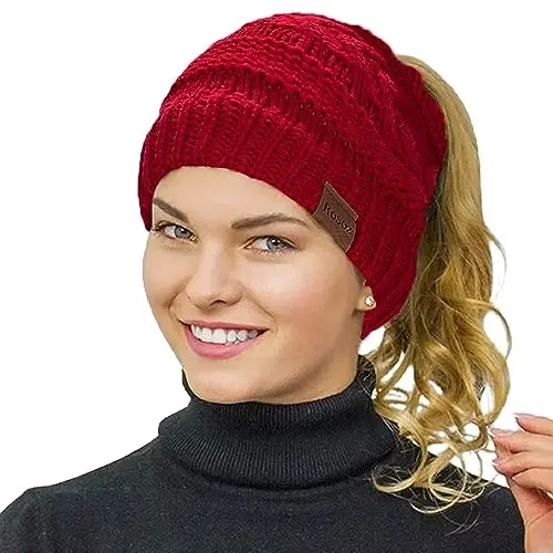 Rosoz 1&2 Packs Ponytail Beanie for Women,Winter Warm Beanie Tail Soft Stretch Cable Knit Messy High Bun Hat 