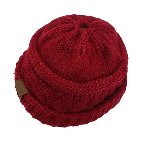 Rosoz 1&2 Packs Ponytail Beanie for Women,Winter Warm Beanie Tail Soft Stretch Cable Knit Messy High Bun Hat - 3