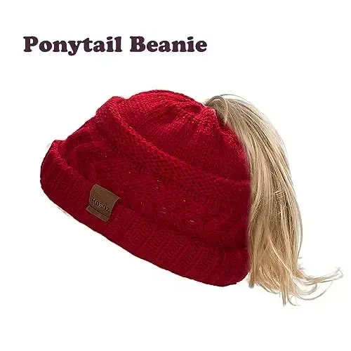 Rosoz 1&2 Packs Ponytail Beanie for Women,Winter Warm Beanie Tail Soft Stretch Cable Knit Messy High Bun Hat - 2