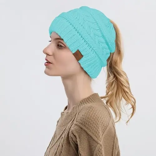 Rosoz 1&2 Packs Ponytail Beanie for Women,Winter Warm Beanie Tail Soft Stretch Cable Knit Messy High Bun Hat - 3