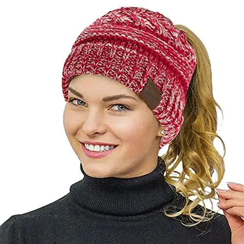 Rosoz 1&2 Packs Ponytail Beanie for Women,Winter Warm Beanie Tail Soft Stretch Cable Knit Messy High Bun Hat 