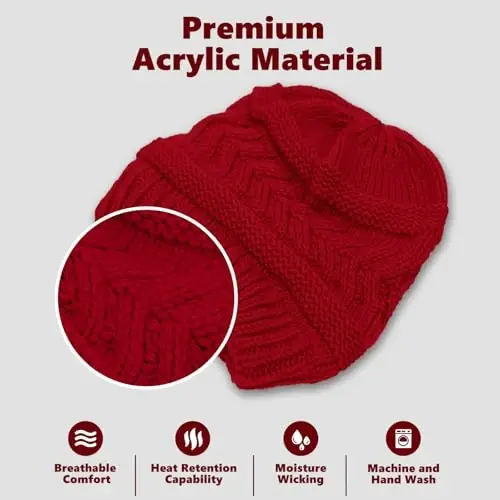 Rosoz 1&2 Packs Ponytail Beanie for Women,Winter Warm Beanie Tail Soft Stretch Cable Knit Messy High Bun Hat - 4