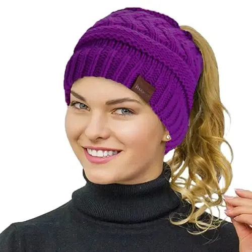 Rosoz 1&2 Packs Ponytail Beanie for Women,Winter Warm Beanie Tail Soft Stretch Cable Knit Messy High Bun Hat 