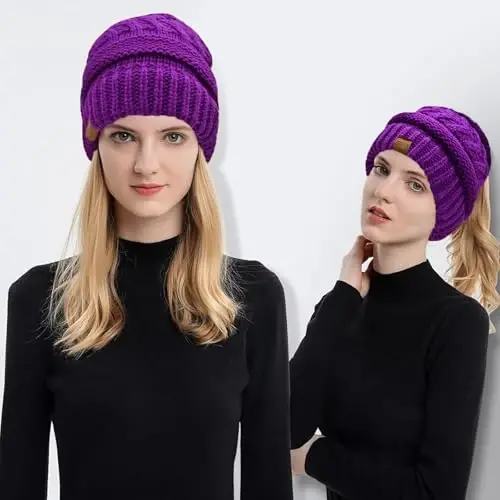Rosoz 1&2 Packs Ponytail Beanie for Women,Winter Warm Beanie Tail Soft Stretch Cable Knit Messy High Bun Hat - ROSOZ (1)