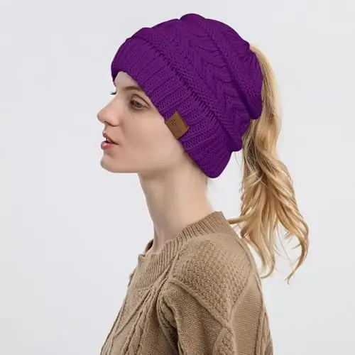 Rosoz 1&2 Packs Ponytail Beanie for Women,Winter Warm Beanie Tail Soft Stretch Cable Knit Messy High Bun Hat - 3