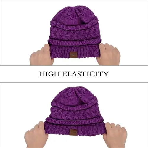 Rosoz 1&2 Packs Ponytail Beanie for Women,Winter Warm Beanie Tail Soft Stretch Cable Knit Messy High Bun Hat - 5