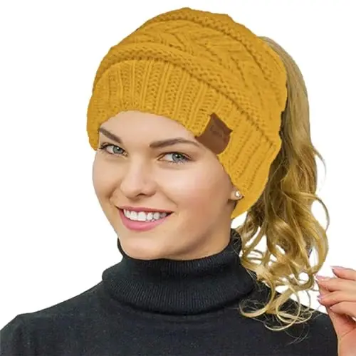 Rosoz 1&2 Packs Ponytail Beanie for Women,Winter Warm Beanie Tail Soft Stretch Cable Knit Messy High Bun Hat 