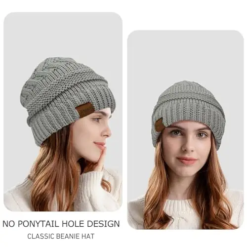 Rosoz 1&2 Packs Ponytail Beanie for Women,Winter Warm Beanie Tail Soft Stretch Cable Knit Messy High Bun Hat - 2