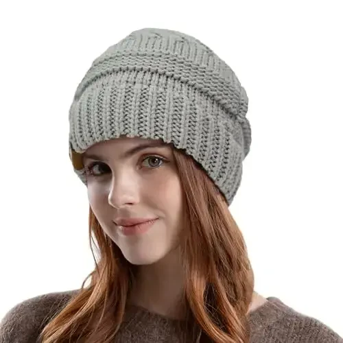 Rosoz 1&2 Packs Ponytail Beanie for Women,Winter Warm Beanie Tail Soft Stretch Cable Knit Messy High Bun Hat - ROSOZ