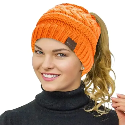 Rosoz 1&2 Packs Ponytail Beanie for Women,Winter Warm Beanie Tail Soft Stretch Cable Knit Messy High Bun Hat 