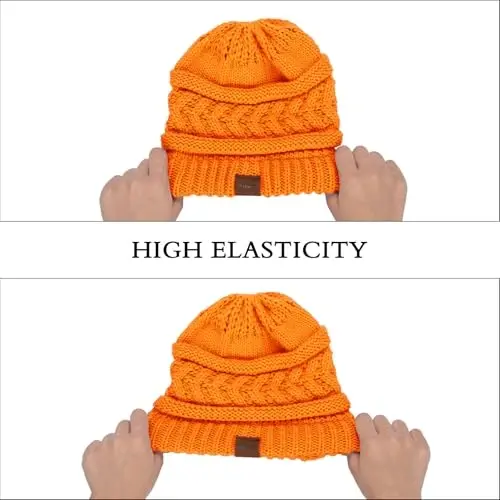 Rosoz 1&2 Packs Ponytail Beanie for Women,Winter Warm Beanie Tail Soft Stretch Cable Knit Messy High Bun Hat - 5
