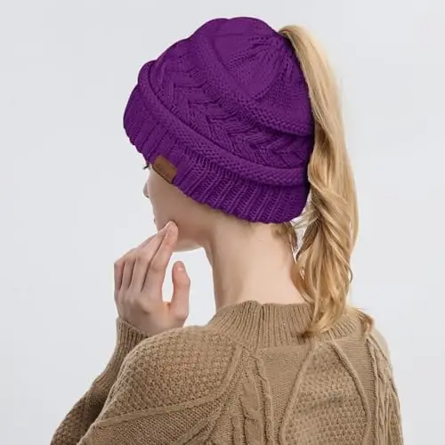 Rosoz 1&2 Packs Ponytail Beanie for Women,Winter Warm Beanie Tail Soft Stretch Cable Knit Messy High Bun Hat - 4