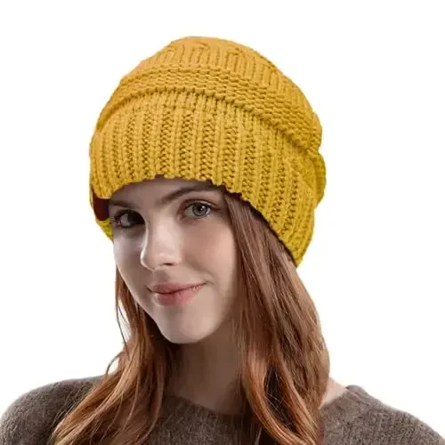 Rosoz 1&2 Packs Ponytail Beanie for Women,Winter Warm Beanie Tail Soft Stretch Cable Knit Messy High Bun Hat 