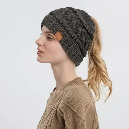 Rosoz 1&2 Packs Ponytail Beanie for Women,Winter Warm Beanie Tail Soft Stretch Cable Knit Messy High Bun Hat - 3