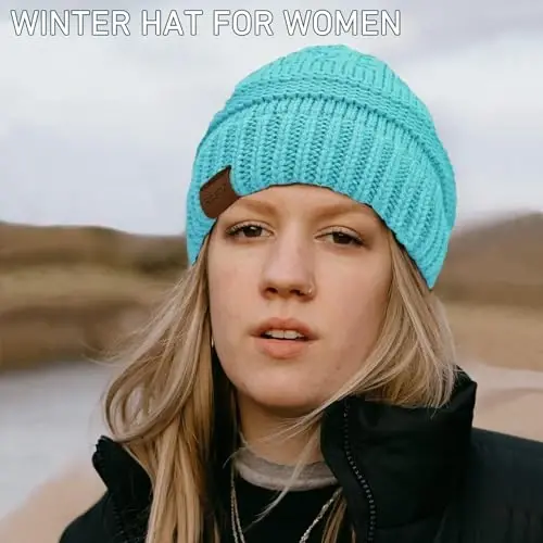 Rosoz 1&2 Packs Ponytail Beanie for Women,Winter Warm Beanie Tail Soft Stretch Cable Knit Messy High Bun Hat - 5