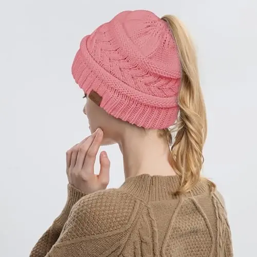 Rosoz 1&2 Packs Ponytail Beanie for Women,Winter Warm Beanie Tail Soft Stretch Cable Knit Messy High Bun Hat - 4