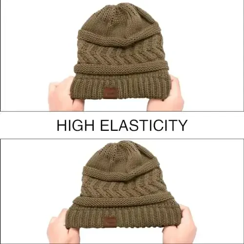 Rosoz 1&2 Packs Ponytail Beanie for Women,Winter Warm Beanie Tail Soft Stretch Cable Knit Messy High Bun Hat - 5