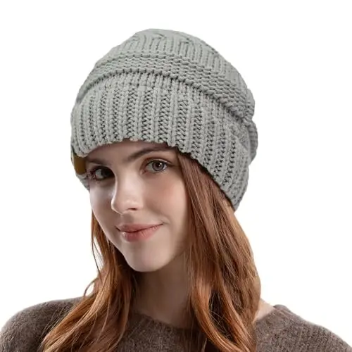 Rosoz 1&2 Packs Ponytail Beanie for Women,Winter Warm Beanie Tail Soft Stretch Cable Knit Messy High Bun Hat - 1