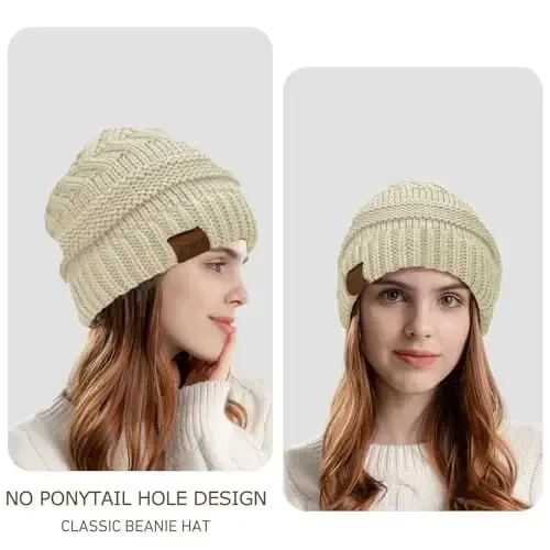 Rosoz 1&2 Packs Ponytail Beanie for Women,Winter Warm Beanie Tail Soft Stretch Cable Knit Messy High Bun Hat - ROSOZ (1)