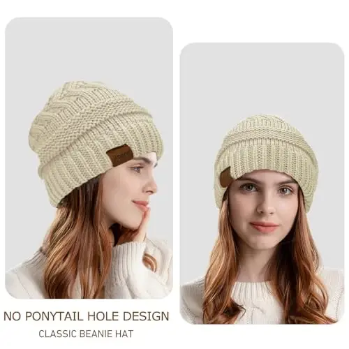 Rosoz 1&2 Packs Ponytail Beanie for Women,Winter Warm Beanie Tail Soft Stretch Cable Knit Messy High Bun Hat - 2
