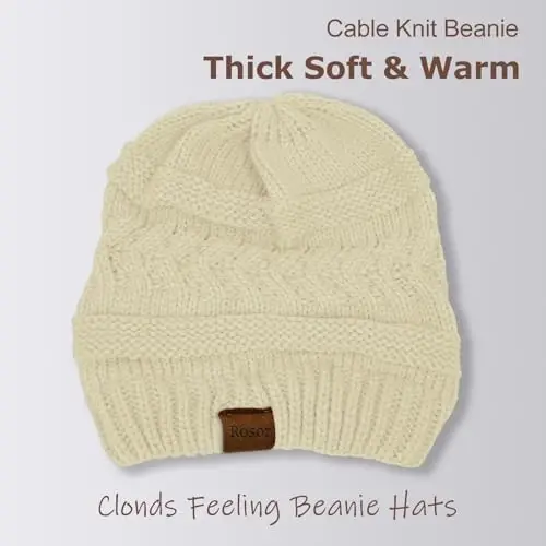 Rosoz 1&2 Packs Ponytail Beanie for Women,Winter Warm Beanie Tail Soft Stretch Cable Knit Messy High Bun Hat - 3