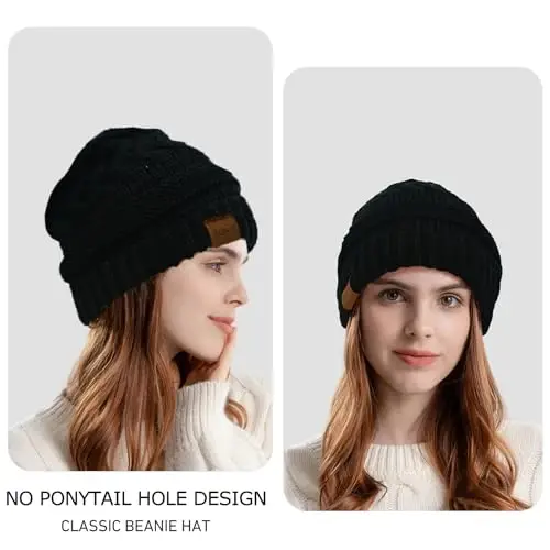 Rosoz 1&2 Packs Ponytail Beanie for Women,Winter Warm Beanie Tail Soft Stretch Cable Knit Messy High Bun Hat - 2