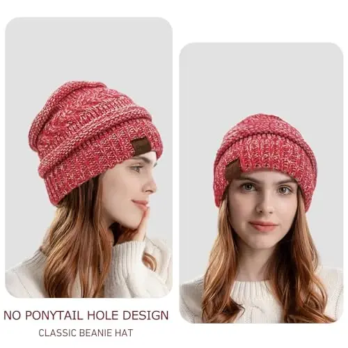 Rosoz 1&2 Packs Ponytail Beanie for Women,Winter Warm Beanie Tail Soft Stretch Cable Knit Messy High Bun Hat - 2
