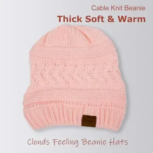 Rosoz 1&2 Packs Ponytail Beanie for Women,Winter Warm Beanie Tail Soft Stretch Cable Knit Messy High Bun Hat - 8