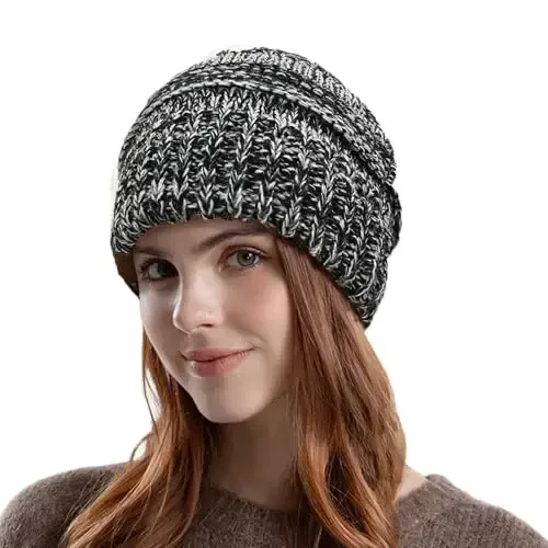 Rosoz 1&2 Packs Ponytail Beanie for Women,Winter Warm Beanie Tail Soft Stretch Cable Knit Messy High Bun Hat - 1