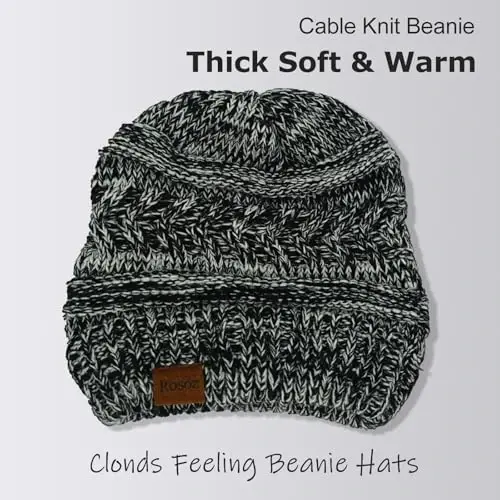 Rosoz 1&2 Packs Ponytail Beanie for Women,Winter Warm Beanie Tail Soft Stretch Cable Knit Messy High Bun Hat - 3