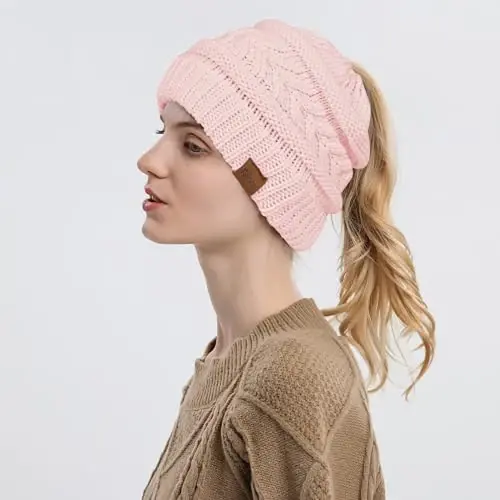 Rosoz 1&2 Packs Ponytail Beanie for Women,Winter Warm Beanie Tail Soft Stretch Cable Knit Messy High Bun Hat - 3