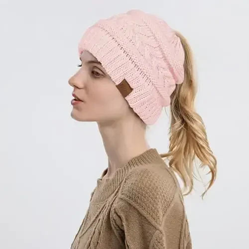 Rosoz 1&2 Packs Ponytail Beanie for Women,Winter Warm Beanie Tail Soft Stretch Cable Knit Messy High Bun Hat - 3