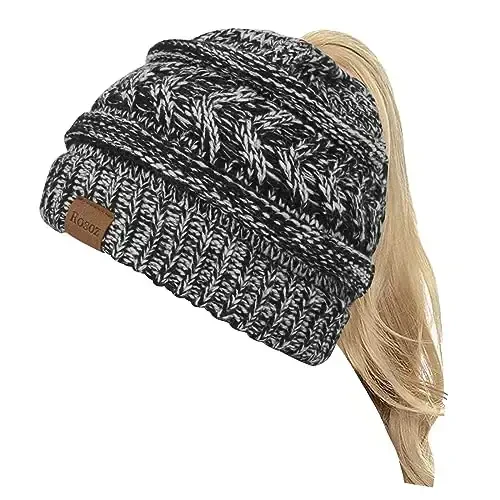 Rosoz 2 Pack Ayollar uchun dumli shapka, Qishki iliq shapka dumi Yumshoq Stretch Kabel Trikotaj Tartibsiz Yuqori Bun Shlyapa 